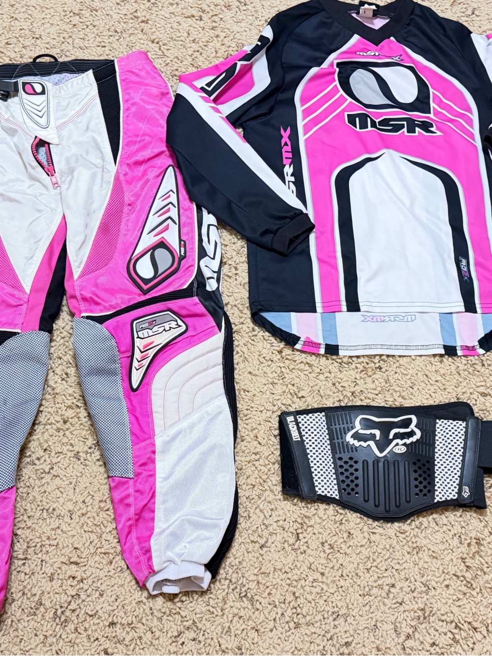 Women’s Pink MSR Motocross Gear Set - SHIRT, PANTS & FOX Kidney belt